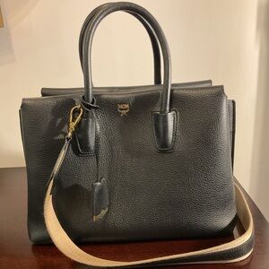 MCM Black Leather Satchel with Tan Strap
